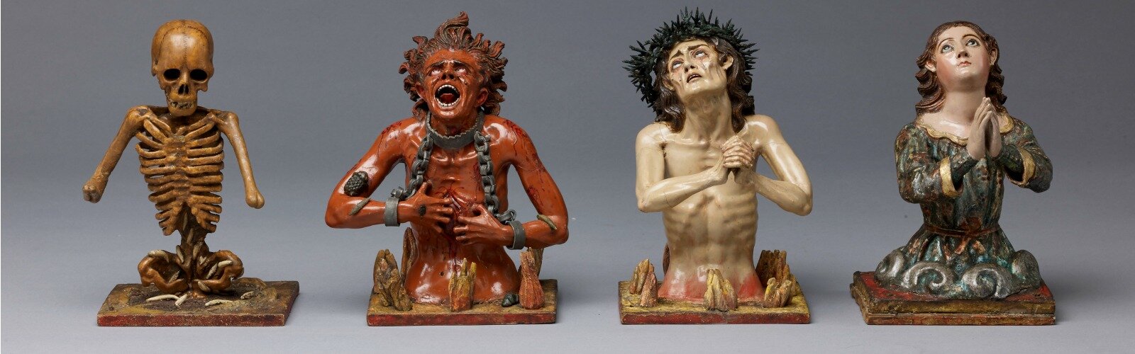 Attributed to Manuel Chili, called Caspicara (circa 1723–1796), Ecuador, "The Four Fates of Man: Death, Hell, Purgatory and Heaven," circa 1775, polychromed wood, glass and metal, Courtesy of The Hispanic Society of America, New York.