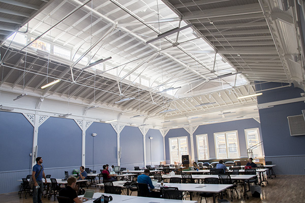 The old beer hall upstairs is an architectural highlight of Union Hall's renovation