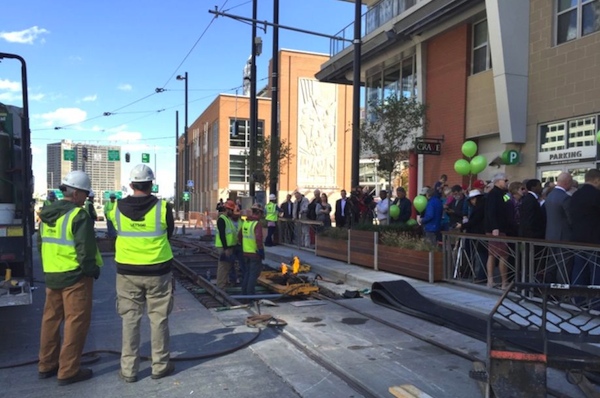 The final track section for Cincinnati's streetcar line is welded at Second & Main on Oct. 16