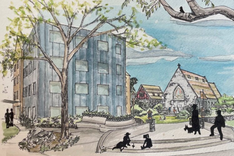 This watercolor rendering, produced by 8K designer Josh Carson, captures 8K’s revitalization plan for Gabriel’s Place.