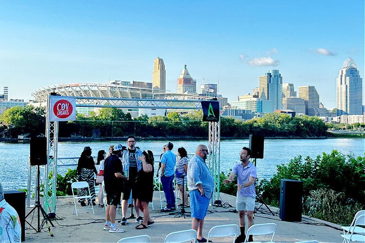 Guests and panelists mix and mingle at the July 18th Covington Creates event at Scribble Park in Covington.