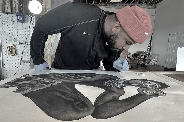 In 2020, Gee Horton made the leap from a career at an executive-search form into being a full-time artist. Here, he perfects a mock-up for his three-wall BLINK project.