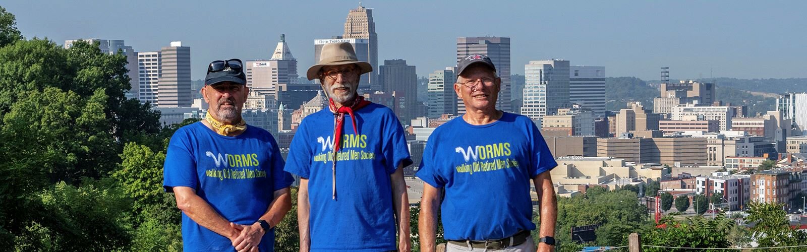 l to r: Gerald Checco, Steven Schuckman, and Larry Annett began weekly walks in 2021 as the Walking Older Retired Men’s Society (WORMS). Parks, landmarks, and neighborhoods highlight the trio’s sojourns including this Gibson Park vista.