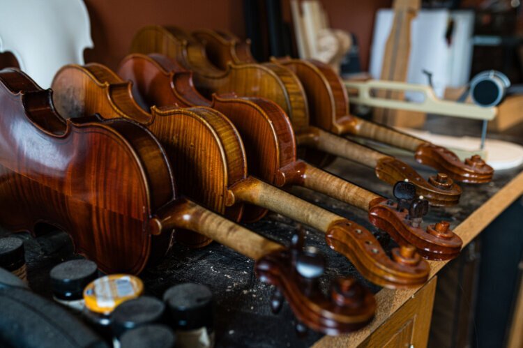 Handcrafted instruments in Damon Gray's workshop.